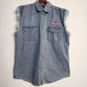 Easy Riders XL Sleeveless Denim Shirt Frayed Eagle Embroidered Biker Y2K Western
